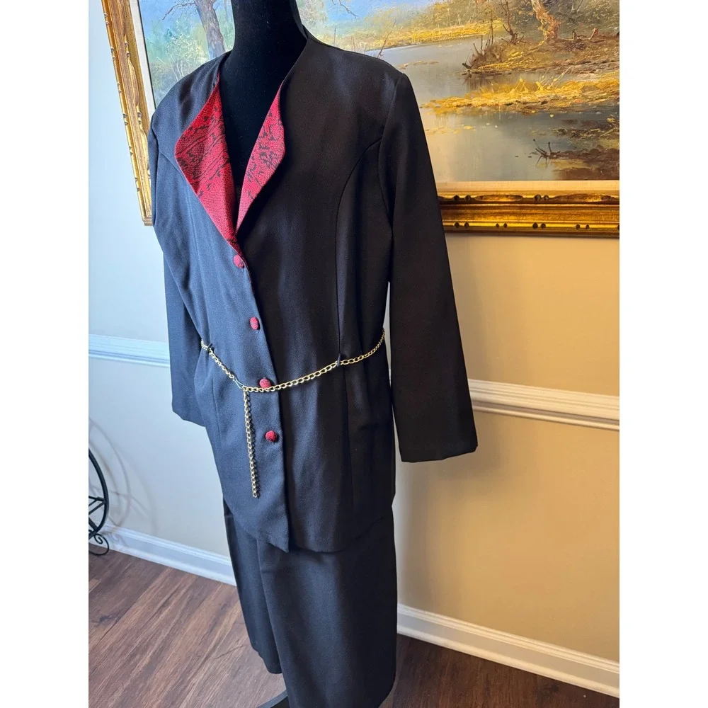Vintage 90s Black Red Snake Print Skirt Suit Set Blazer Gold Chain Plus 20